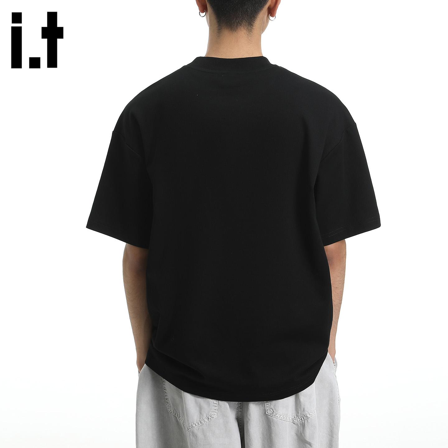 it：5cm/FIVECM夏季金属扣圆领T恤男女同款潮流黑色宽松套头短袖 - 图1