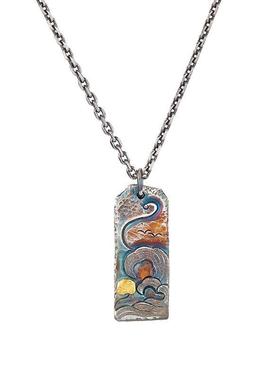 手工定制纯银海浪项链吊坠男士个性复古镶锤纹挂坠饰品潮