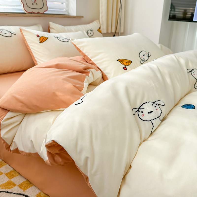 晚安猫ins少女心可爱水洗棉四件套小清新柔软透气床单床上用品