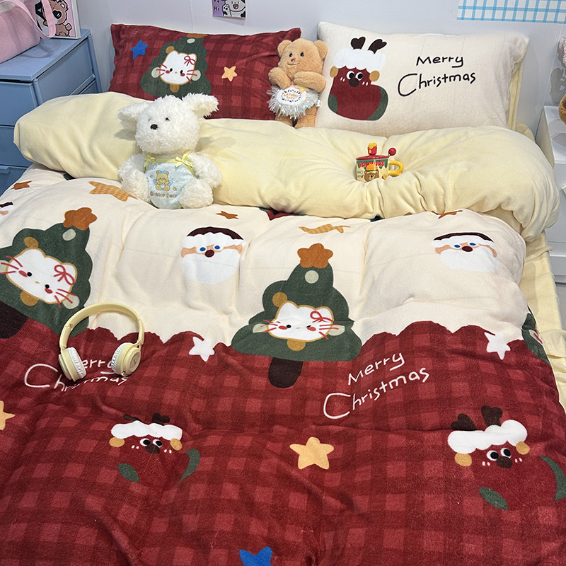 晚安猫新年限定可爱卡通牛奶绒四件套保暖宿舍三件套床单床笠床品,淘宝优惠券,粉丝福利购,淘宝优惠卷