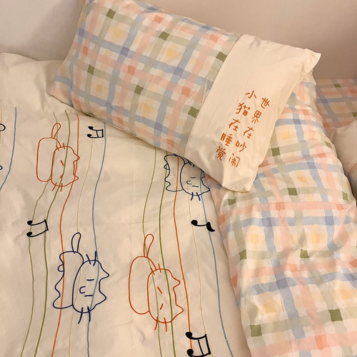 晚安猫少女心混搭乐谱小猫亲肤柔软四件套学生宿舍三件套磨毛床品 - 图0