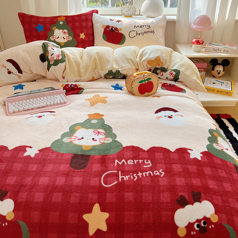 晚安猫新年限定可爱卡通牛奶绒四件套保暖宿舍三件套床单床笠床品,淘宝优惠券,粉丝福利购,淘宝优惠卷