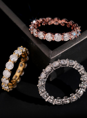 嘻哈925银D色VVS莫桑石戒指