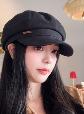 黑色鸭舌贝雷帽女八角帽画家帽子