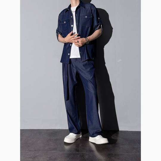 Ryder's matching fashionable loose soft denim suit summer men's thin short-sleeved shirt and pants two-piece set
