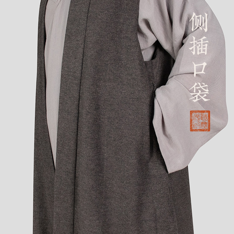 远尘僧服穿搭秋冬季长褂长伽蓝褂毛呢马甲男女僧人和尚衣外披背心
