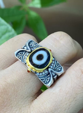 【藏玺物与悟/缘】925纯银青铜纹戒指藏式民族风精工镶嵌天珠指环