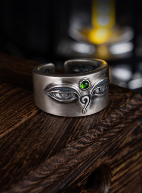 藏式纯银镶嵌绿度母戒指复古个性