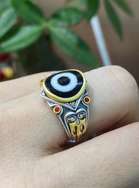 藏式S925纯银镶嵌天珠金刚杵戒指