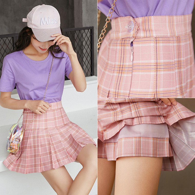 格子夏新款显瘦大码a字小百褶裙 絮诺半身裙