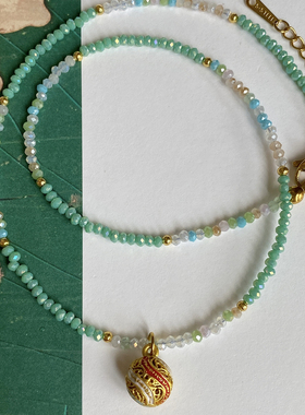 大米饰品】超仙蓝色系清新彩色串珠项链圆球吊坠小米珠锁骨链复古