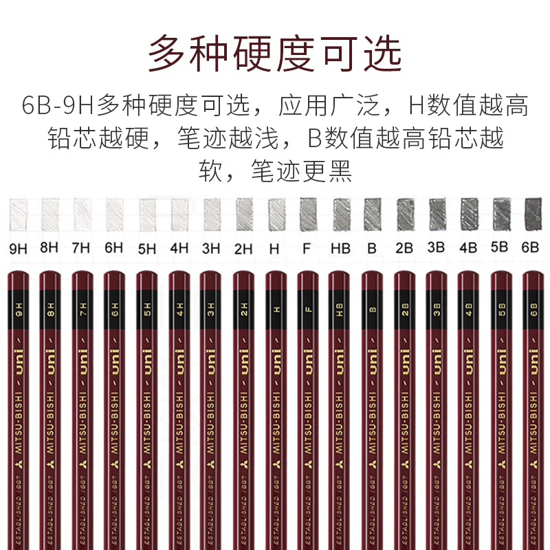 日本uni三菱硬度测试铅笔6B-9H|1887书写素描学生日常写字绘图2B考试 干净质感好易削不易断 17种规格 - 图3