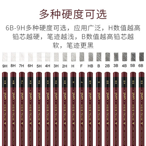 日本uni三菱硬度测试铅笔6B-9H|1887书写素描学生日常写字绘图2B考试干净质感好易削不易断 17种规格-图3