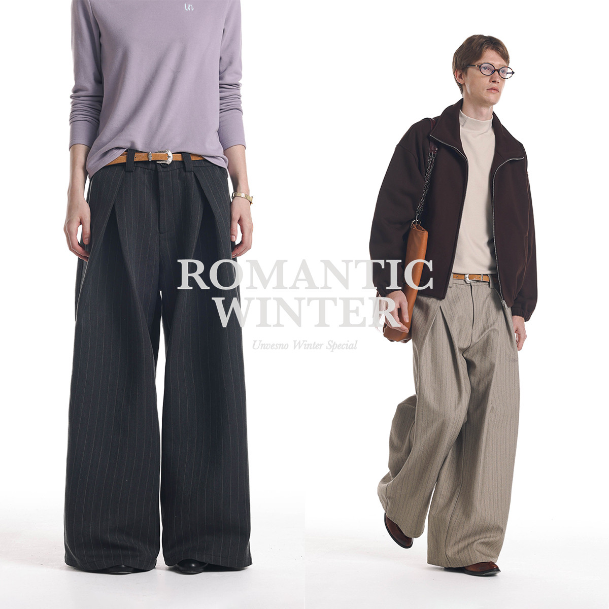 【立体剪裁】Unvesno(UN)老钱风人字褶微宽宽松松弛阔腿条纹西裤,淘宝优惠券,粉丝福利购,淘宝优惠卷