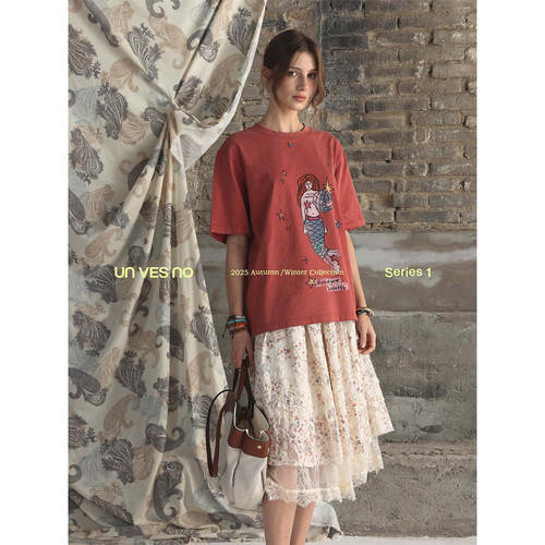 【洗褪磨破】Unvesno(UN)Vintage洗褪怀旧磨破叛逆美人鱼印花T恤 - 图2