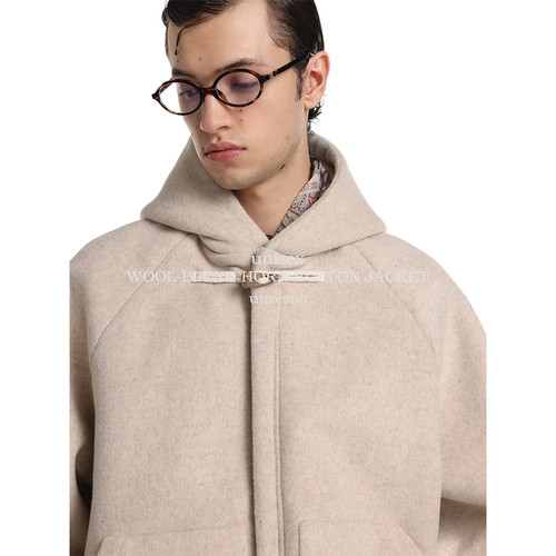 【40%羊毛】Unvesno(UN)老钱风短款廓形重磅保暖牛角扣连帽外套秋 - 图0