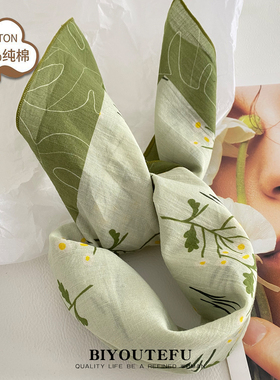 法式纯棉绿色碎花春夏护颈丝巾