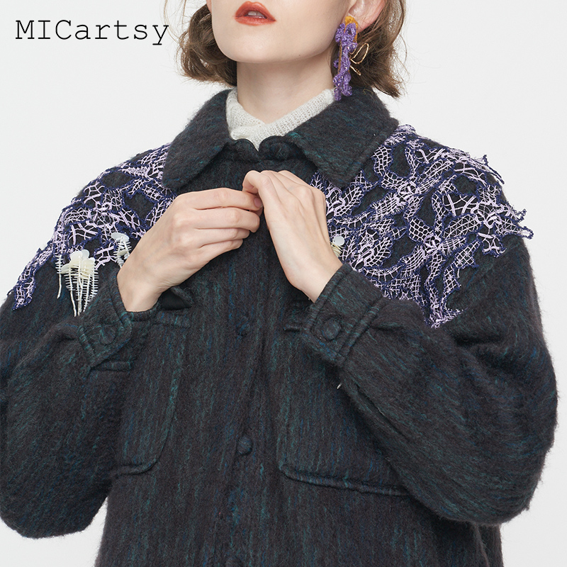 MICartsy王紫珊2020秋冬新款蕾丝剪花毛呢外套女大衣冬季原创设计-图2