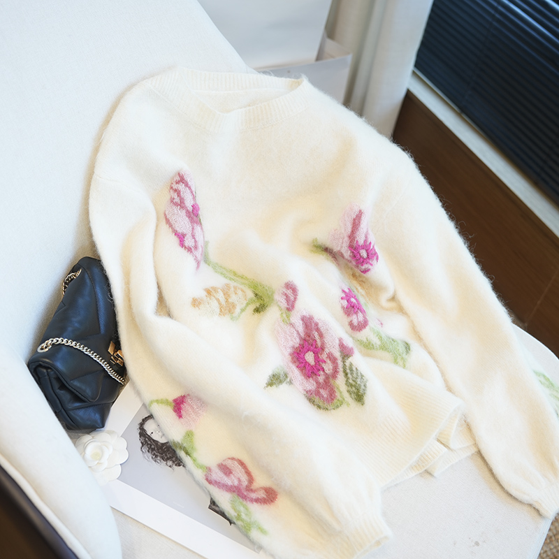 虫小小 灯笼袖温柔提花刺绣羊驼毛圆领针织衫女毛衣外套秋冬A58Q - 图0