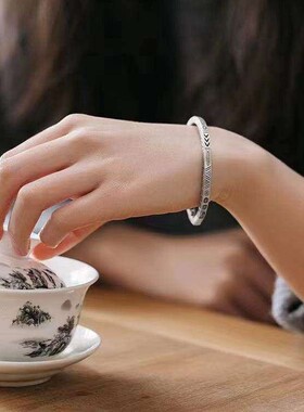 纯银吉祥图腾手镯民族风复古做旧实心男款女款情侣款开口手工手环