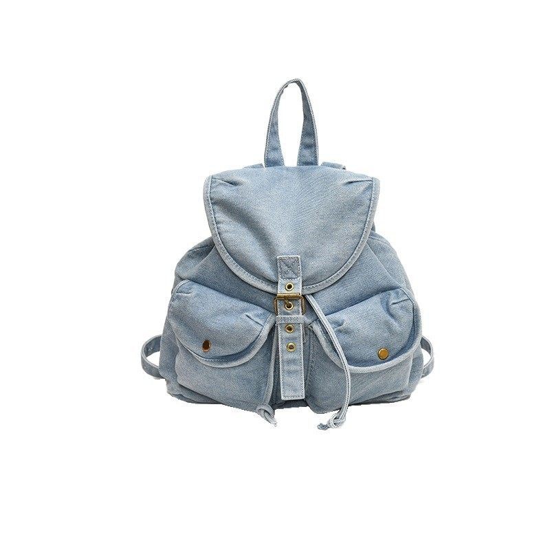 韩系牛仔布双肩包女新款大容量多口袋手提水桶包学生通勤旅行背包,淘宝优惠券,粉丝福利购,淘宝优惠卷