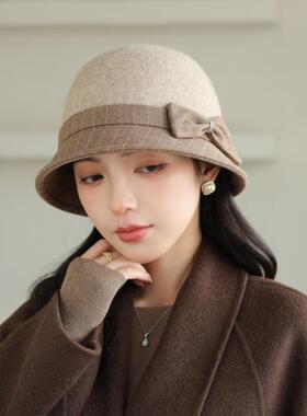 秋冬女长辈帽子简约拼色渔夫帽妈妈中老年优雅气质礼帽保暖盆帽