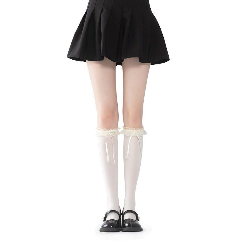 蝴蝶结花边过膝丝袜女甜美洛丽塔小腿袜jk薄款lolita大腿长筒袜子,淘宝优惠券,粉丝福利购,淘宝优惠卷