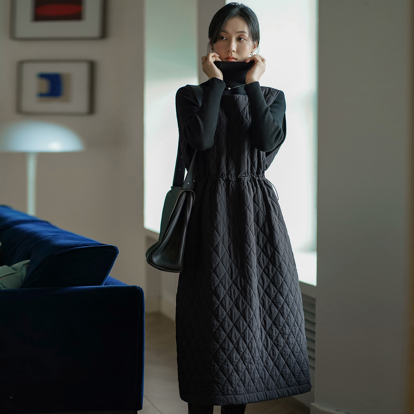 无谓夹棉背心裙2025冬季新款女装收腰马甲裙宽松中长款棉服连衣裙 - 图0