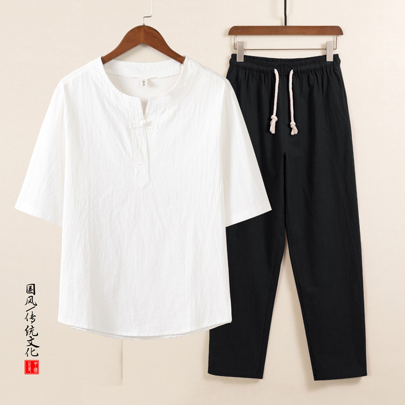 New Chinese style linen men's Chinese style suit two-piece middle-aged and elderly dad's short-sleeved T-shirt retro tea suit