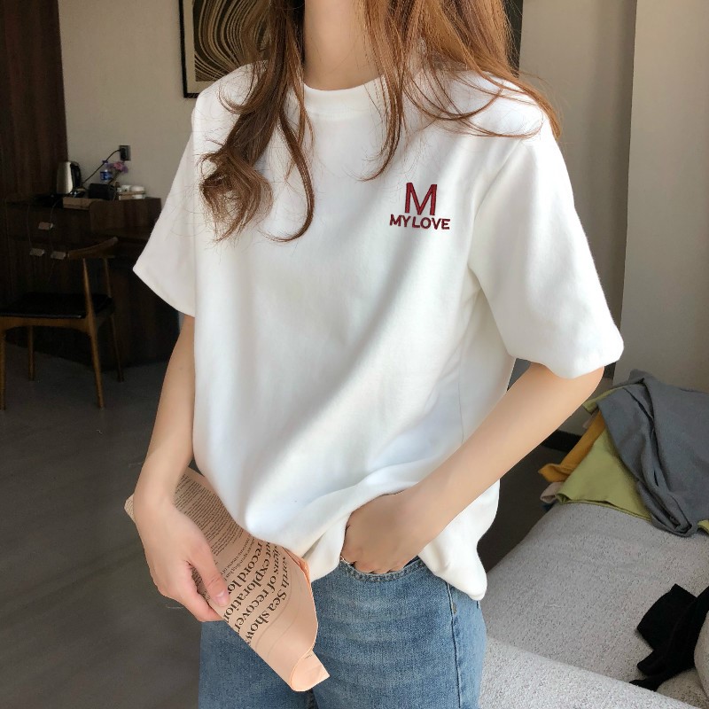 白色短袖t恤女2023年夏季新款圆领百搭通勤卡通印花纯棉上衣体恤