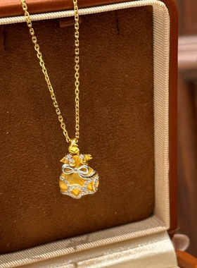 Vintage中古风轻奢精致拉丝蝴蝶结福袋项链镶嵌锆石优雅气质颈链