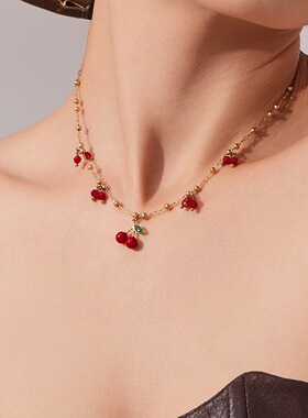 谜丽 超甜多樱桃吊坠夹珠链手链锁骨链镀18k真金欧美时尚百搭首饰