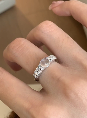 新中式冰种冰透玉髓鸽子蛋开口戒指水沫玉清冷感满钻精致超闪指环