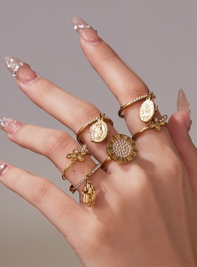 谜丽 跨境不锈钢镶锆石开口戒指组合 PVD镀18k金时尚简约尾戒