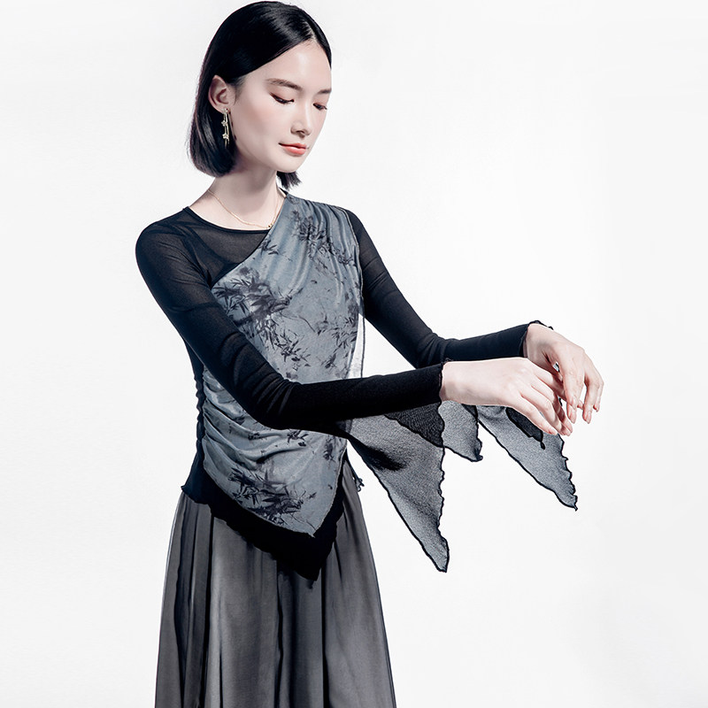 斜领印花网纱假两件拼接舞蹈上衣女喇叭袖2025秋季女装练功小衫,淘宝优惠券,粉丝福利购,淘宝优惠卷