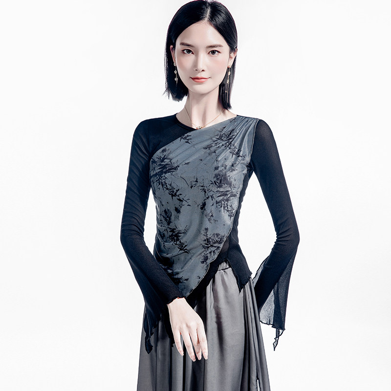 斜领印花网纱假两件拼接舞蹈上衣女喇叭袖2025秋季女装练功小衫,淘宝优惠券,粉丝福利购,淘宝优惠卷