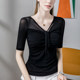 Bow V-neck mesh bottoming shirt for women with quarter sleeves