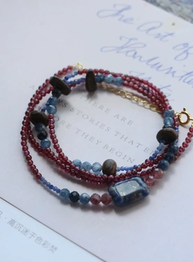 新中式国风项链复古长款65cm石榴石沉香木珠项链蓝纹石沉稳色