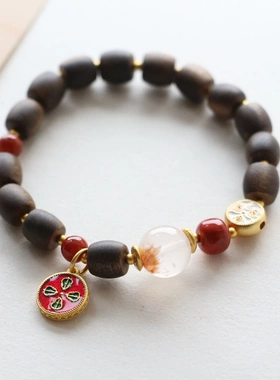 原创设计奇楠木珠南红白财神吊坠细款手链串珠手链