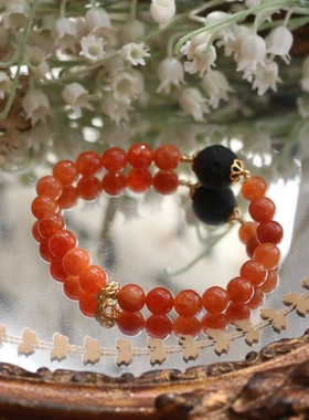 黑曜石魔丸手串 手工串珠天然石元素设计手链橙黑自产销