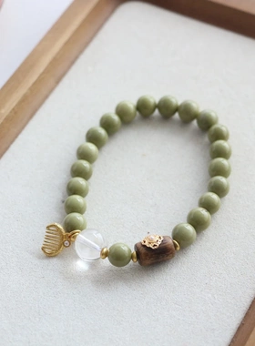 新中式天然阿拉善手链小清新牛油果绿抹茶圆珠手环沉香手串百搭