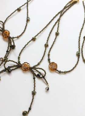 国风仙女多层蝴蝶结锁骨颈链捷克珠花朵夏季短款项链黛绿色