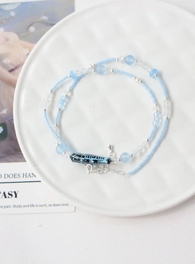 捷克珠小鱼 国产米珠淡蓝色颈链锁骨链夏季甜美项链海盐海水色