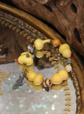 原创设计天然小葫芦文玩手串三七银藏式做旧银手链盘完钱袋子