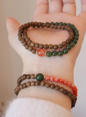 天然沉香木碧玉南红手链双圈转运珠新中式风格文创寺院新爆款