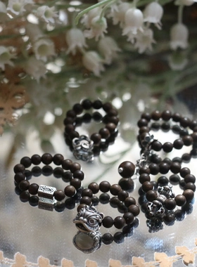 新中式沉香木珠醒狮金刚杵祥云戒指原创复古暗黑系手工串珠指环