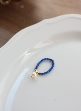 原创手作纯欲风蓝色青金石淡水珍珠戒指女冷淡风简约细款串珠指环