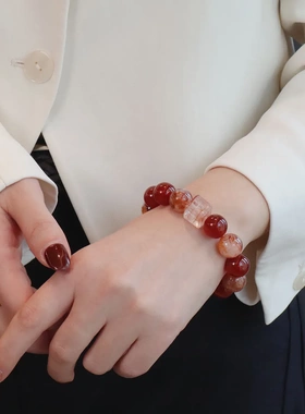 12MM天然红胶花红玛瑙手串女方糖蓝晶石水晶手链高级感显白