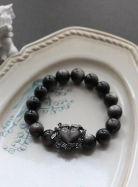 【暗夜玫瑰】高品质黑曜石桃心墨盒手串五行缺水适合佩戴