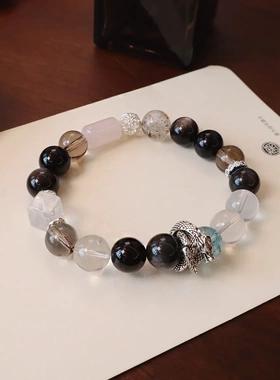 10MM天然黑曜石发晶蛇年手串男女情侣星光粉水晶手链新中式